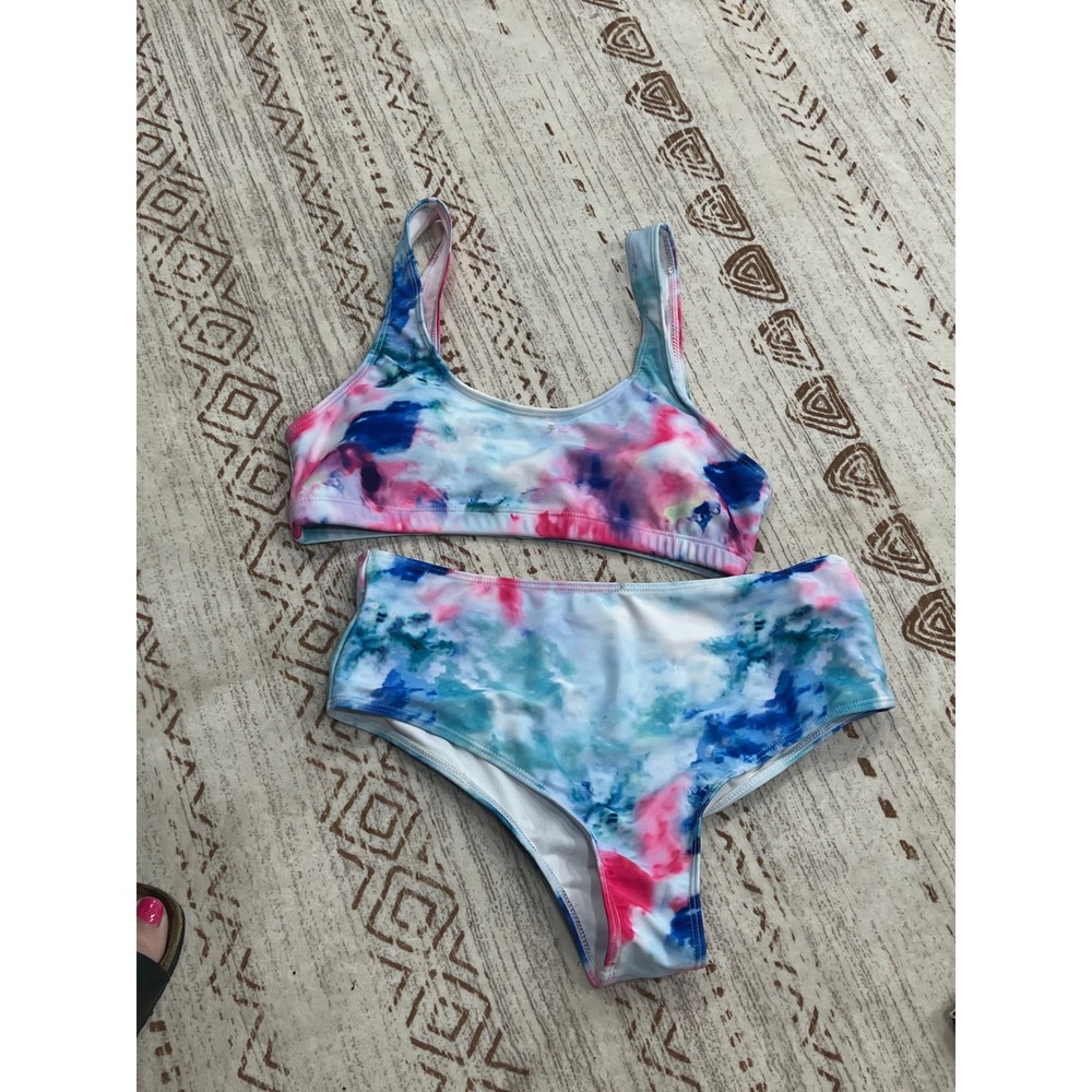 Tie Dye High Waisted Bikini Set Blue Pink Watercolor Two Piece Swimsuit Large